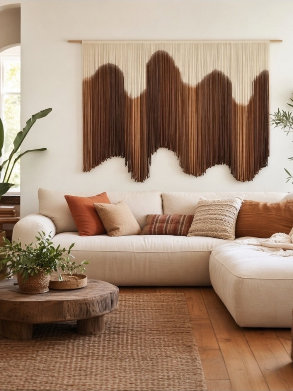 NEW Anthro XL Boho Tapestry Wavy Brown Macrame Woven Dyed Yarn Wall Hanging 58" - Picture 2 of 11